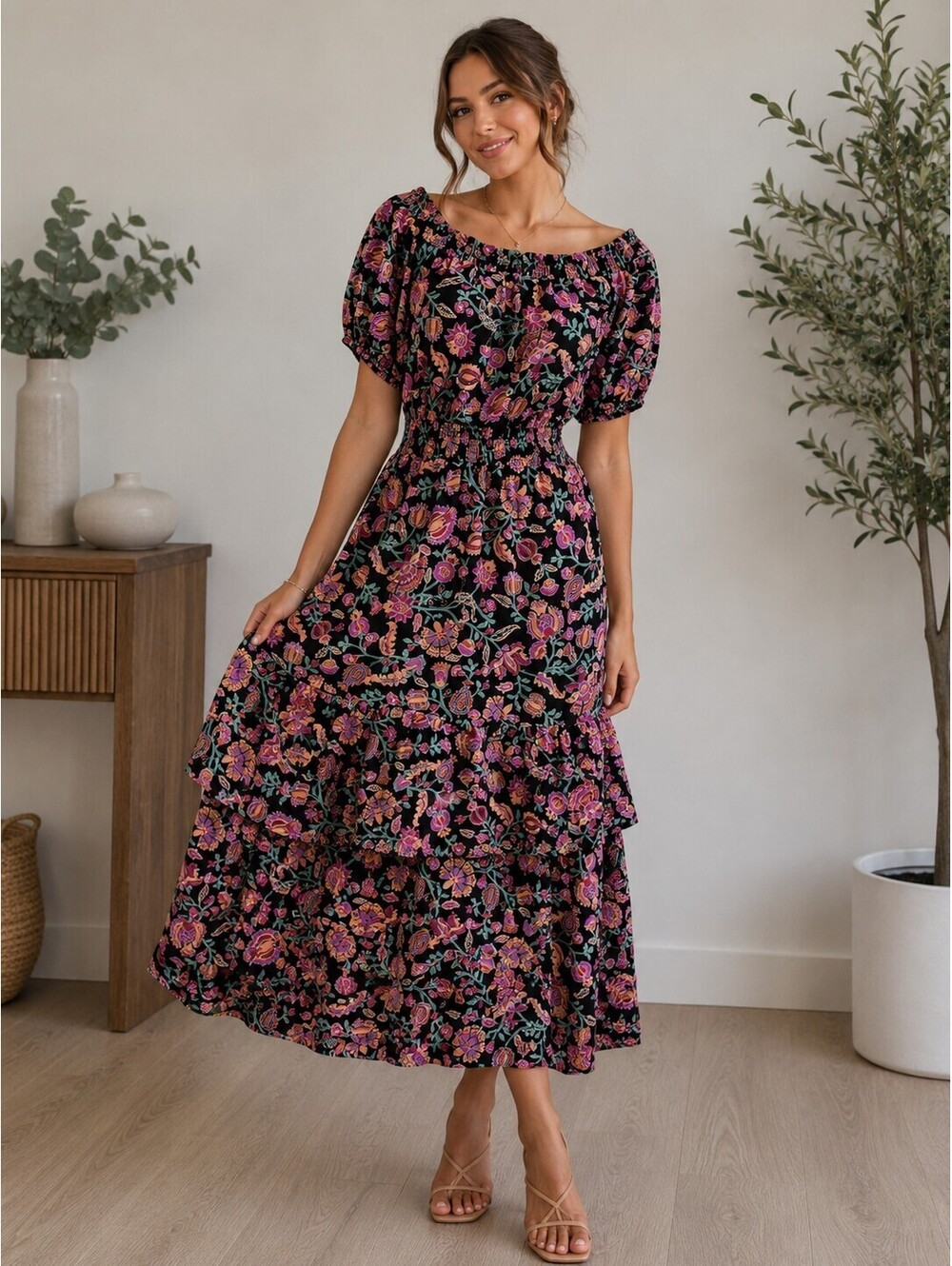 Knox Rose Women Dress XS Black Floral Milkmaid Peasant Ruffle Smocked